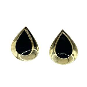 Vintage Gold Vermeil 925 Black Onyx Teardrop Clip on Stud Earrings Signed